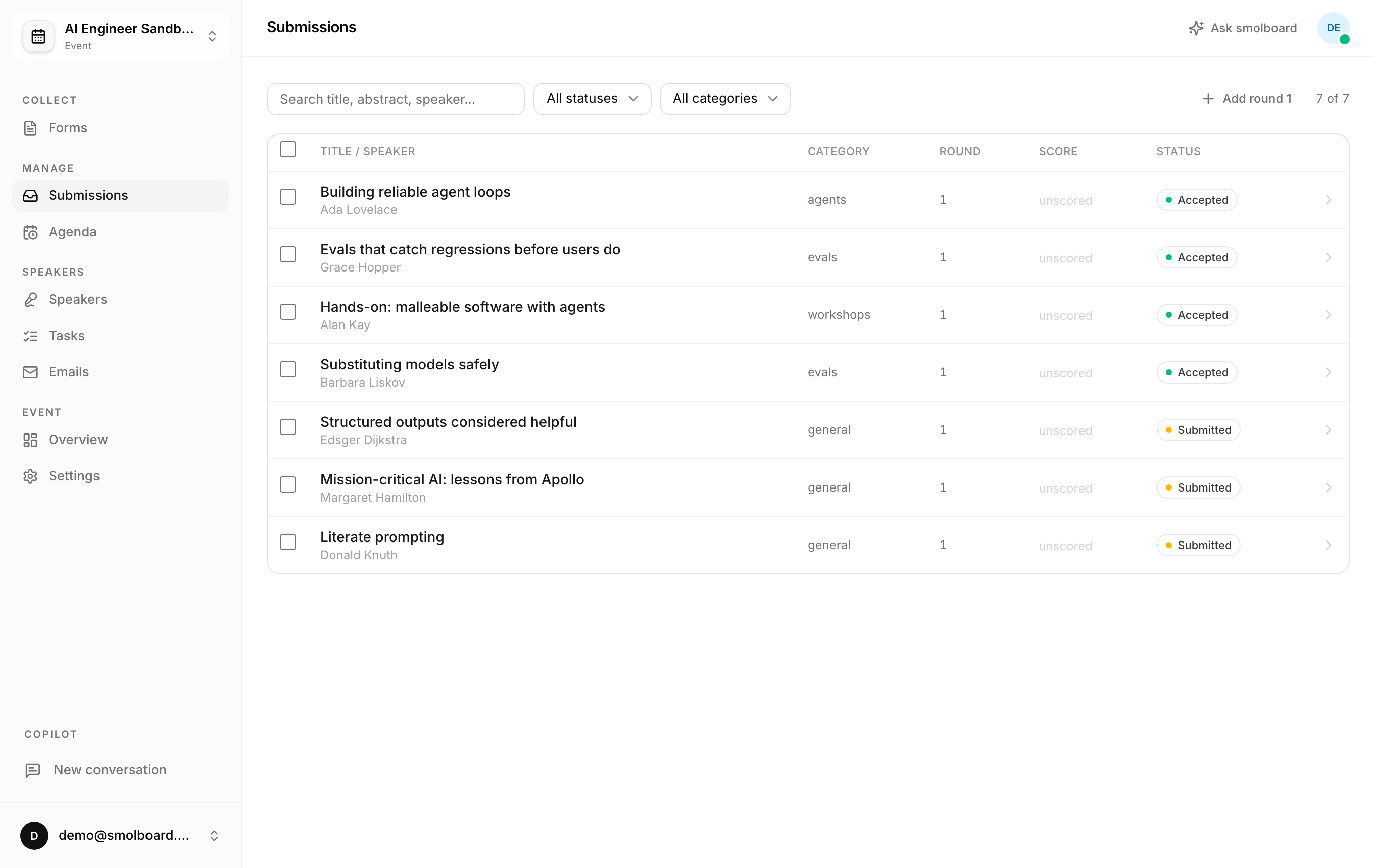 The smolboard event dashboard: a submissions table with speakers, categories, review scores, and statuses, next to the event navigation.